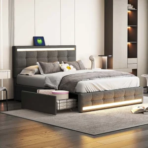 Gestoffeerd linnen bed met 4 lades + LED en 2 USB-poorten + lattenbodem – 140x200cm – linnen – grijs Gestoffeerd linnen bed met 4 lades + LED en 2 USB-poorten + lattenbodem – 140x200cm – linnen – grijs