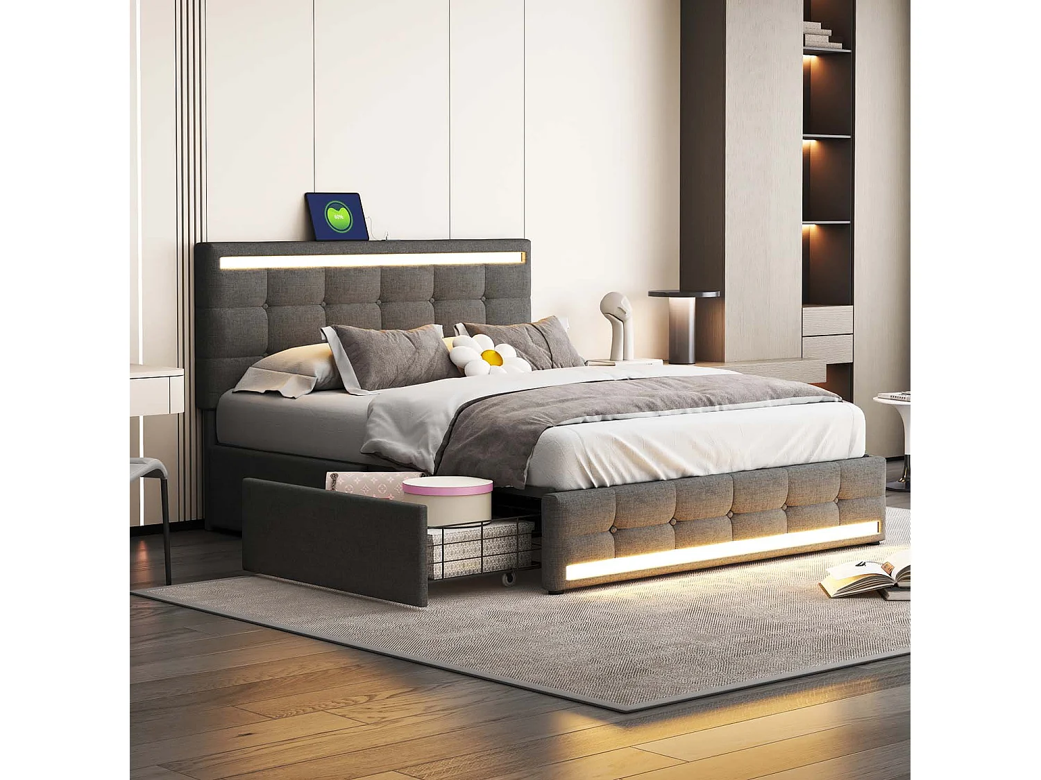 Gestoffeerd linnen bed met 4 lades + LED en 2 USB-poorten + lattenbodem - 140x200cm - linnen - grijs