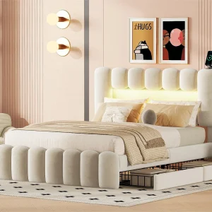 Fluweel gestoffeerd bed – 140x200cm – 4 lades + LED + Oplaadpoorten + Lezer – Beige