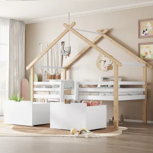 Halverhoogd kinderhuisbed 90x200cm met opbergruimte en trap – houten huis design, natuurlijk en wit (zonder matras) Halverhoogd kinderhuisbed 90x200cm met opbergruimte en trap – houten huis design, natuurlijk en wit (zonder matras)
