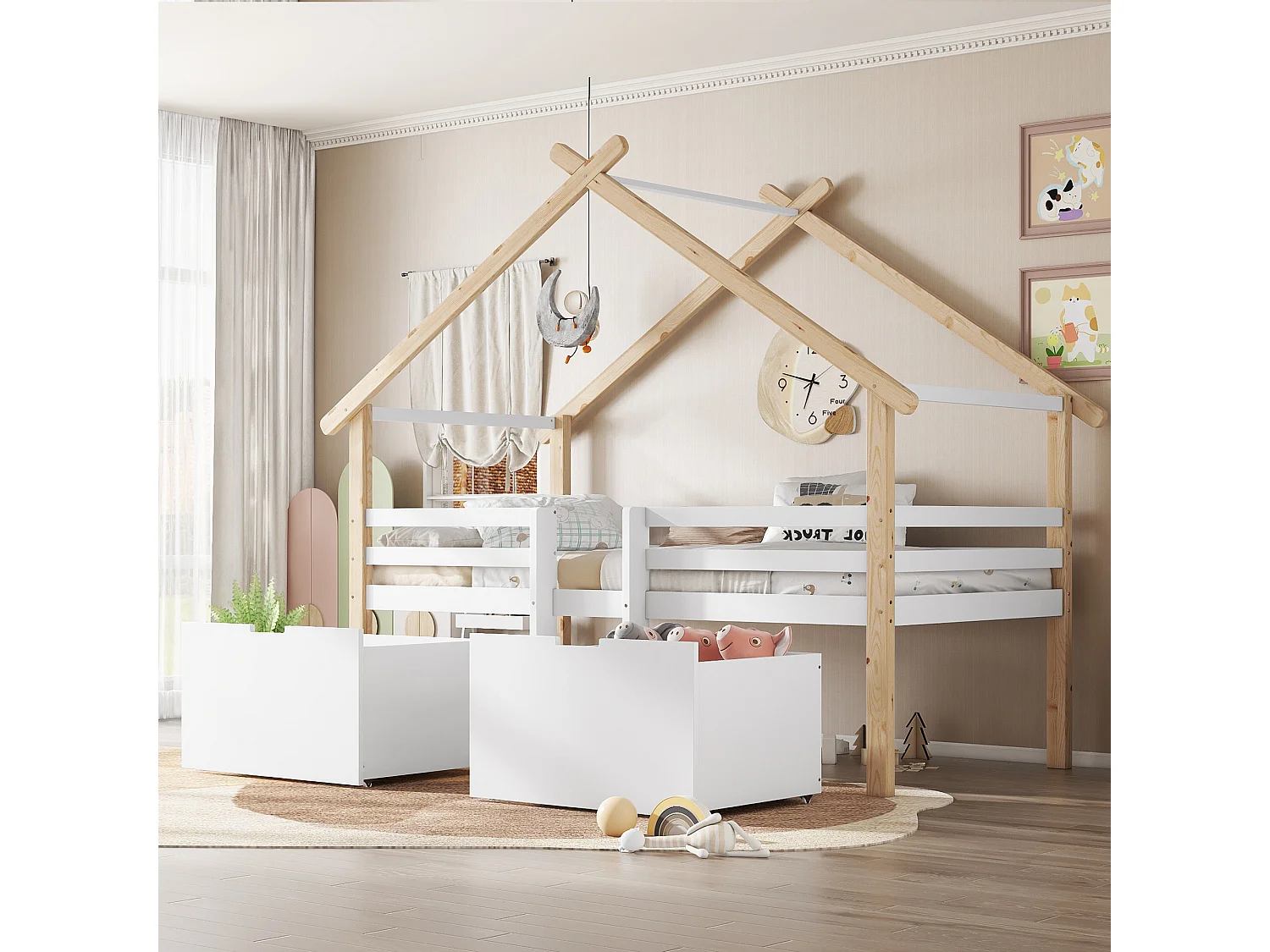 Halverhoogd kinderhuisbed 90x200cm met opbergruimte en trap – houten huis design, natuurlijk en wit (zonder matras)