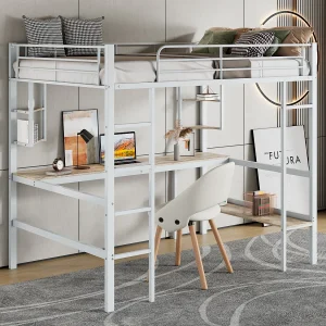 Halfhoogslaper kind 90×200 cm wit, met plat bureau en opbergrek, metalen bed, zonder matras Halfhoogslaper kind 90×200 cm wit, met plat bureau en opbergrek, metalen bed, zonder matras