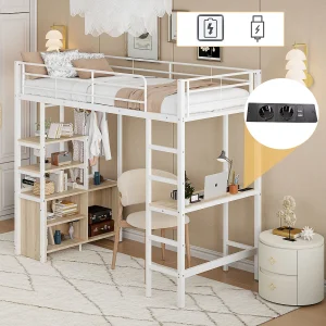 Halfhoogslaper 90×200 cm, kinderbed met bureau, USB, opbergrekken, metalen bed, zonder matras, wit Halfhoogslaper 90×200 cm, kinderbed met bureau, USB, opbergrekken, metalen bed, zonder matras, wit