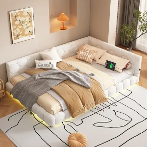 Gestoffeerd bed 140 x 200 cm met hoofdeinde voor volwassenen – LED's + USB-poort – Pluche stof – Wit Gestoffeerd bed 140 x 200 cm met hoofdeinde voor volwassenen – LED's + USB-poort – Pluche stof – Wit