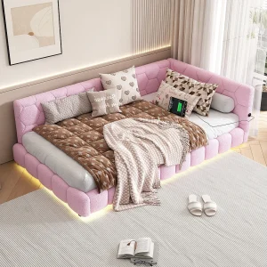 Gestoffeerd bed met hoofdeinde (90 x 200 cm) voor kinderen – LED's + USB-poort – Pluche stof – Roze Gestoffeerd bed met hoofdeinde (90 x 200 cm) voor kinderen – LED's + USB-poort – Pluche stof – Roze