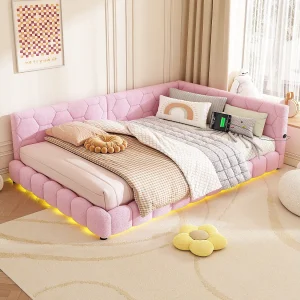 Gestoffeerd bed 140 x 200 cm met hoofdeinde voor volwassenen – LED's + USB-poort – Pluche stof – Roze Gestoffeerd bed 140 x 200 cm met hoofdeinde voor volwassenen – LED's + USB-poort – Pluche stof – Roze