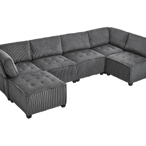Hoekbank modulair ombouwbaar in fluweel grijs – 6-zits – ergonomisch – met opbergzakken – 308x154x82cm Hoekbank modulair ombouwbaar in fluweel grijs – 6-zits – ergonomisch – met opbergzakken – 308x154x82cm