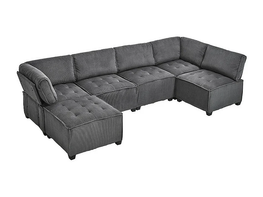 Hoekbank modulair ombouwbaar in fluweel grijs - 6-zits - ergonomisch - met opbergzakken - 308x154x82cm