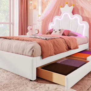 Gestoffeerd kinderbed 90×200 cm – met LED en 2 lades – Wit Gestoffeerd kinderbed 90×200 cm – met LED en 2 lades – Wit