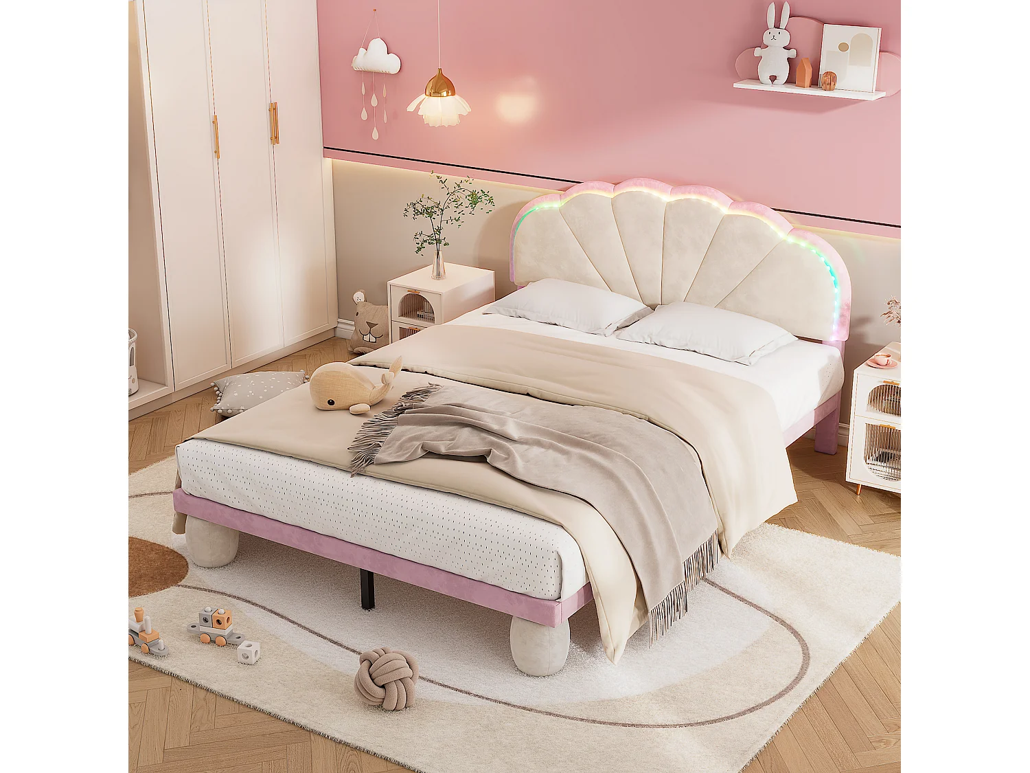 Gestoffeerd kinderbed 140x200 cm met LED en geschulpte hoofdbord, fluweel, tweepersoonsbed beige en roze, zonder matras