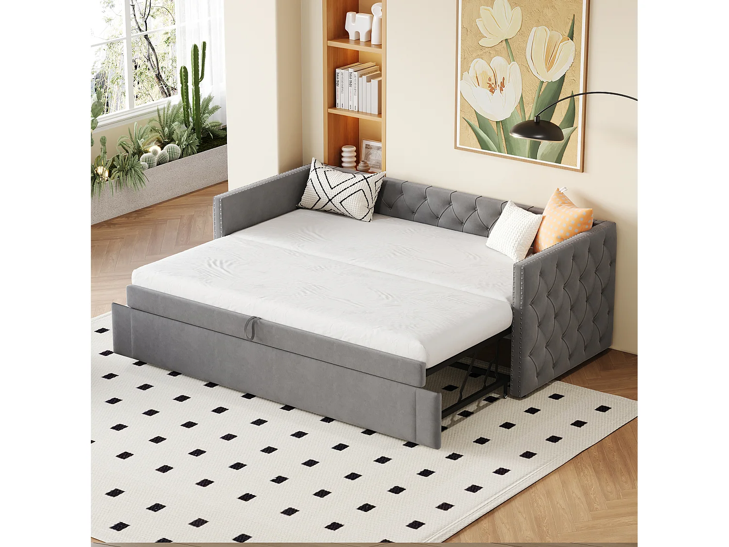 Gestoffeerde slaapbank 90x200 cm, kinder-/volwassenbed van fluweel, zonder matras, donkergrijs