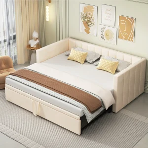 Gestoffeerde slaapbank 90/180×200 cm beige van fluweel, met lattenbodem, multifunctioneel bed zonder matras Gestoffeerde slaapbank 90/180×200 cm beige van fluweel, met lattenbodem, multifunctioneel bed zonder matras