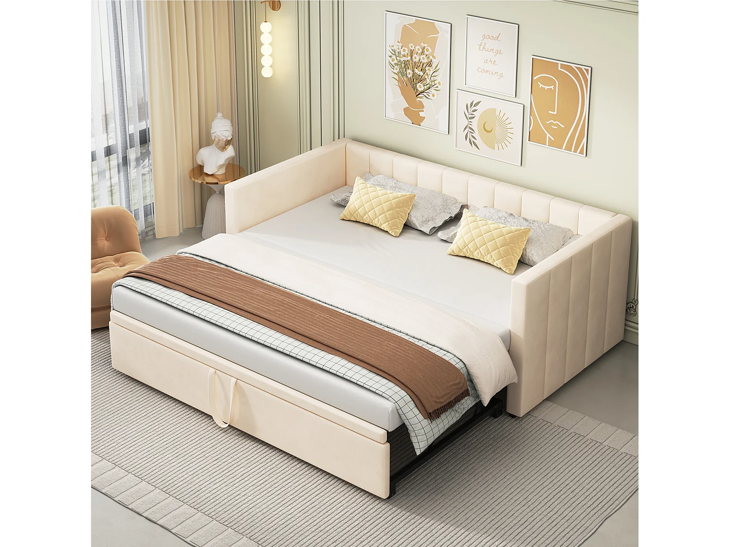 Gestoffeerde slaapbank 90/180x200 cm beige van fluweel, met lattenbodem, multifunctioneel bed zonder matras