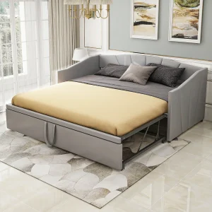Gestoffeerde slaapbank 90/180×200 cm grijs, eenpersoons/tweepersoons fluwelen bed, multifunctioneel, zonder matras Gestoffeerde slaapbank 90/180×200 cm grijs, eenpersoons/tweepersoons fluwelen bed, multifunctioneel, zonder matras