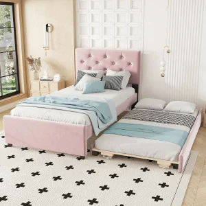 Gestoffeerd bed 90×200 cm in velvet met uitschuifbed 90×190 cm, lattenbodem, kinderbed roze, zonder matras