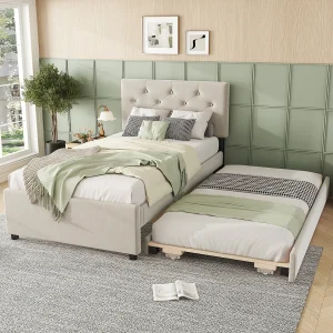 Gestoffeerd bed 90×200 cm in velvet met uitschuifbed 90×190 cm, lattenbodem, kinderbed beige, zonder matras