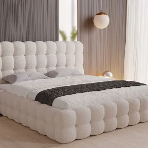 Gestoffeerd bed Twist 160×200  beige – opbergruimte voor beddengoed, houten lattenbodem, doorgestikt hoofdbord en bedframe