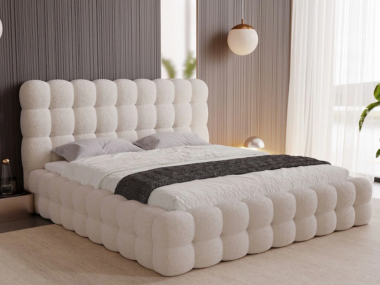 Gestoffeerd bed Twist 180x200 beige - opbergruimte voor beddengoed, houten lattenbodem, doorgestikt hoofdbord en bedframe