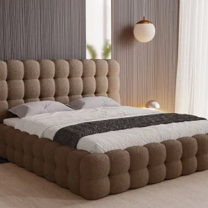Gestoffeerd bed Twist 200×200 bruin – opbergruimte voor beddengoed, houten lattenbodem, doorgestikt hoofdbord en bedframe