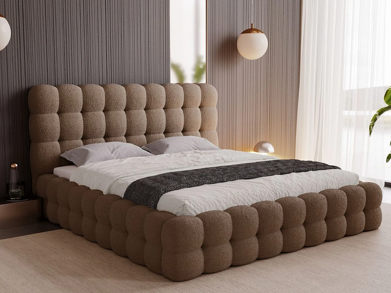 Gestoffeerd bed Twist 200x200 bruin - opbergruimte voor beddengoed, houten lattenbodem, doorgestikt hoofdbord en bedframe