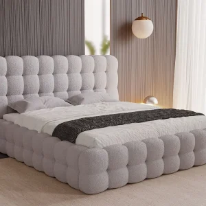 Gestoffeerd bed Twist 140×200 grijs – opbergruimte voor beddengoed, houten lattenbodem, doorgestikt hoofdbord en bedframe