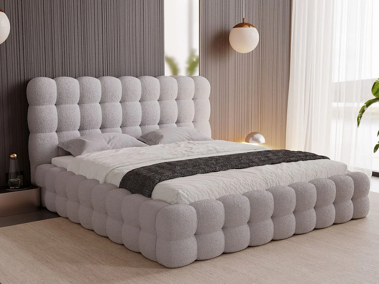 Gestoffeerd bed Twist 180x200 grijs - opbergruimte voor beddengoed, houten lattenbodem, doorgestikt hoofdbord en bedframe