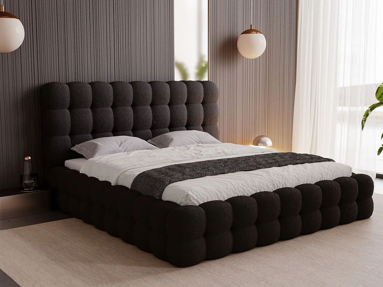 Gestoffeerd bed Twist 180x200 zwart - opbergruimte voor beddengoed, houten lattenbodem, doorgestikt hoofdbord en bedframe