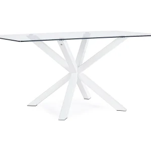 Glazen rechthoekige tafel, gekruiste poot wit staal 160×90 cm – MAY