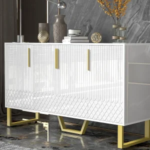 Glanzend buffet 140x40x80 cm – met 4 deuren – metalen handvatten en poten – wit