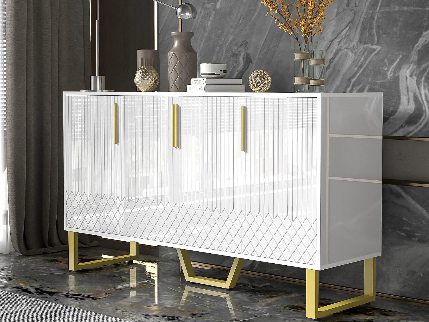 Glanzend buffet 140x40x80 cm - met 4 deuren - metalen handvatten en poten - wit