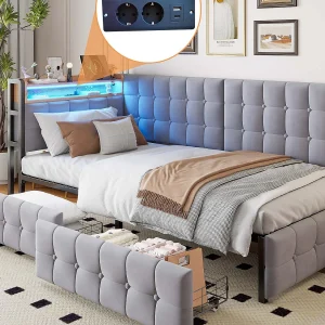 Gestoelde slaapbank 90 x 200 cm – met 2 lades – met LED-verlichting – met USB- en Type-C-poorten – Lichtgrijs (zonder matras) Gestoelde slaapbank 90 x 200 cm – met 2 lades – met LED-verlichting – met USB- en Type-C-poorten – Lichtgrijs (zonder matras)