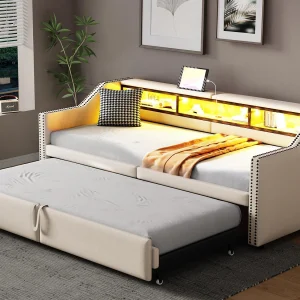 Gevulde slaapbank 90/180×200 cm – met opbergruimte – met LED-verlichting + USB-poort – beige Gevulde slaapbank 90/180×200 cm – met opbergruimte – met LED-verlichting + USB-poort – beige