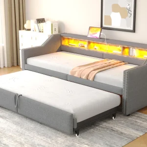 Gevulde slaapbank 90/180×200 cm – met opbergruimte – met LED-verlichting + USB-poort – lichtgrijs Gevulde slaapbank 90/180×200 cm – met opbergruimte – met LED-verlichting + USB-poort – lichtgrijs