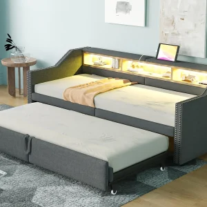Gevulde slaapbank 90/180×200 cm – met opbergruimte – met LED-verlichting + USB-poort – donkergrijs Gevulde slaapbank 90/180×200 cm – met opbergruimte – met LED-verlichting + USB-poort – donkergrijs