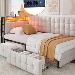 Gestoelde slaapbank 90 x 200 cm – met 2 lades – met LED-verlichting – met USB- en Type-C-poorten – Beige (zonder matras) Gestoelde slaapbank 90 x 200 cm – met 2 lades – met LED-verlichting – met USB- en Type-C-poorten – Beige (zonder matras)