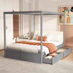 Hemelbed 140×200 cm – Met 2 lades en gestoffeerde rugleuning – Van hout – Grijs (zonder matras) Hemelbed 140×200 cm – Met 2 lades en gestoffeerde rugleuning – Van hout – Grijs (zonder matras)