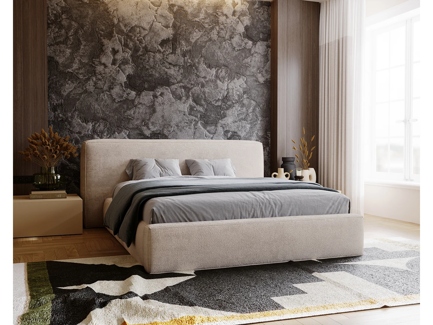 Gestoffeerd bed Monza 140x200 beige - opbergruimte voor beddengoed, houten lattenbodem, doorgestikt hoofdbord en bedframe