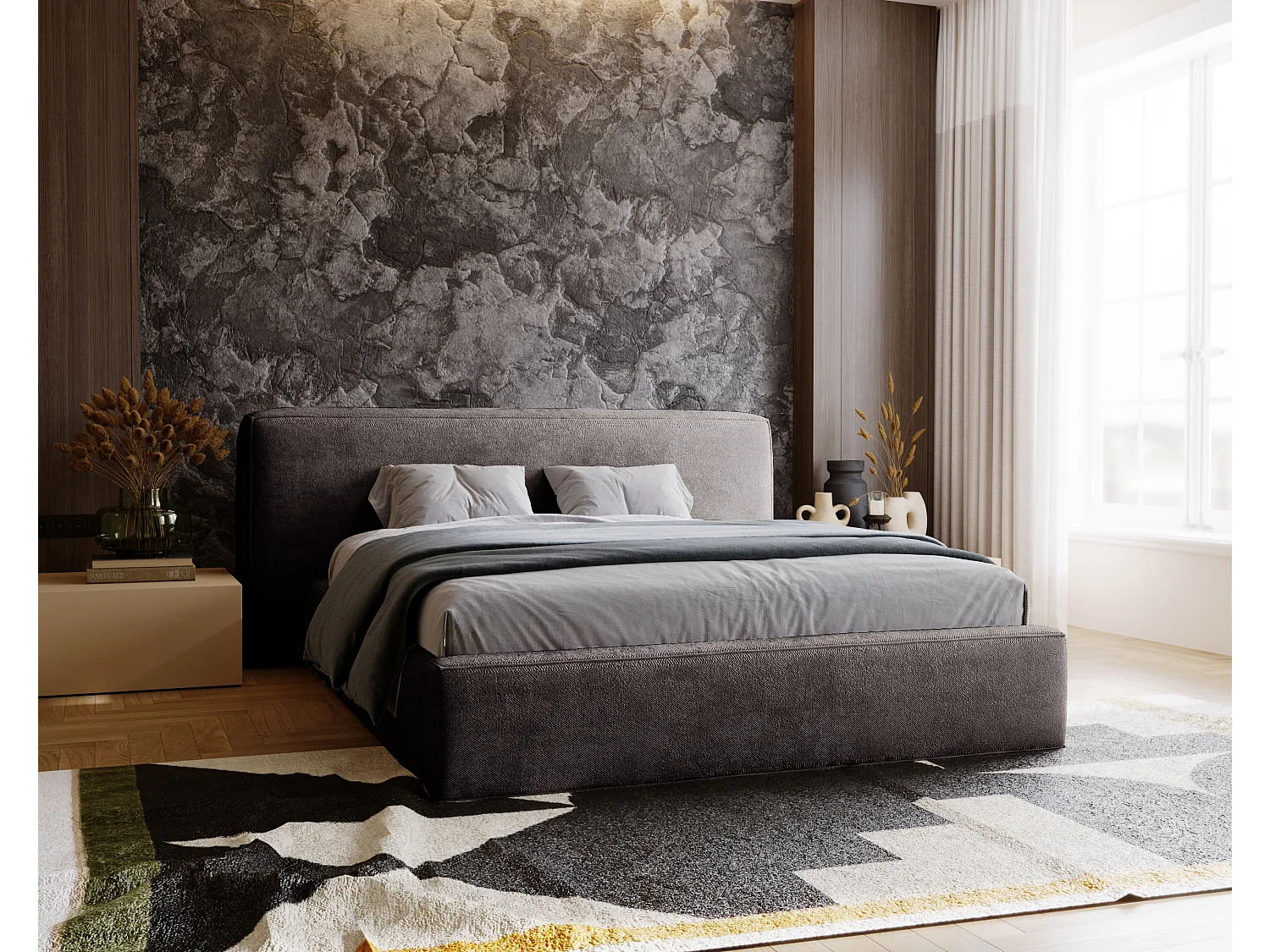 Gestoffeerd bed Monza 140x200 grijs - opbergruimte voor beddengoed, houten lattenbodem, doorgestikt hoofdbord en bedframe