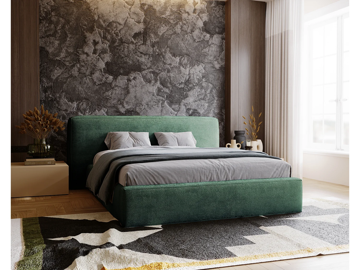 Gestoffeerd bed Monza 140x200 groen - opbergruimte voor beddengoed, houten lattenbodem, doorgestikt hoofdbord en bedframe