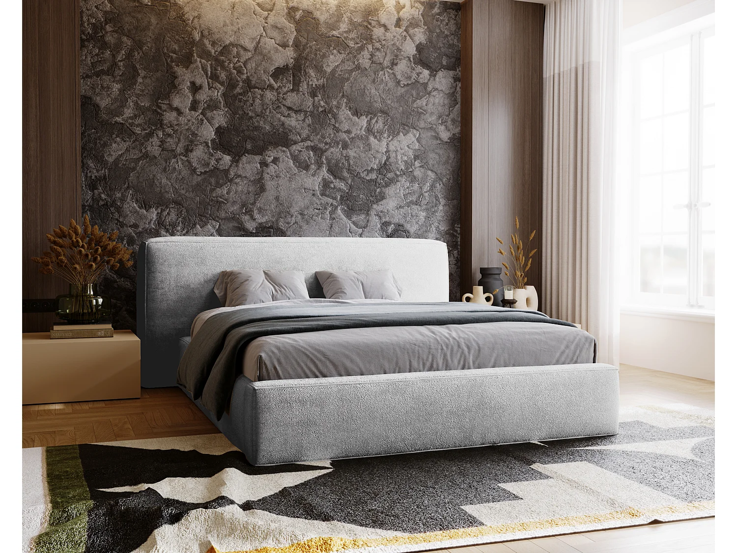 Gestoffeerd bed Monza 140x200 lichtgrijs - opbergruimte voor beddengoed, houten lattenbodem, doorgestikt hoofdbord en bedframe