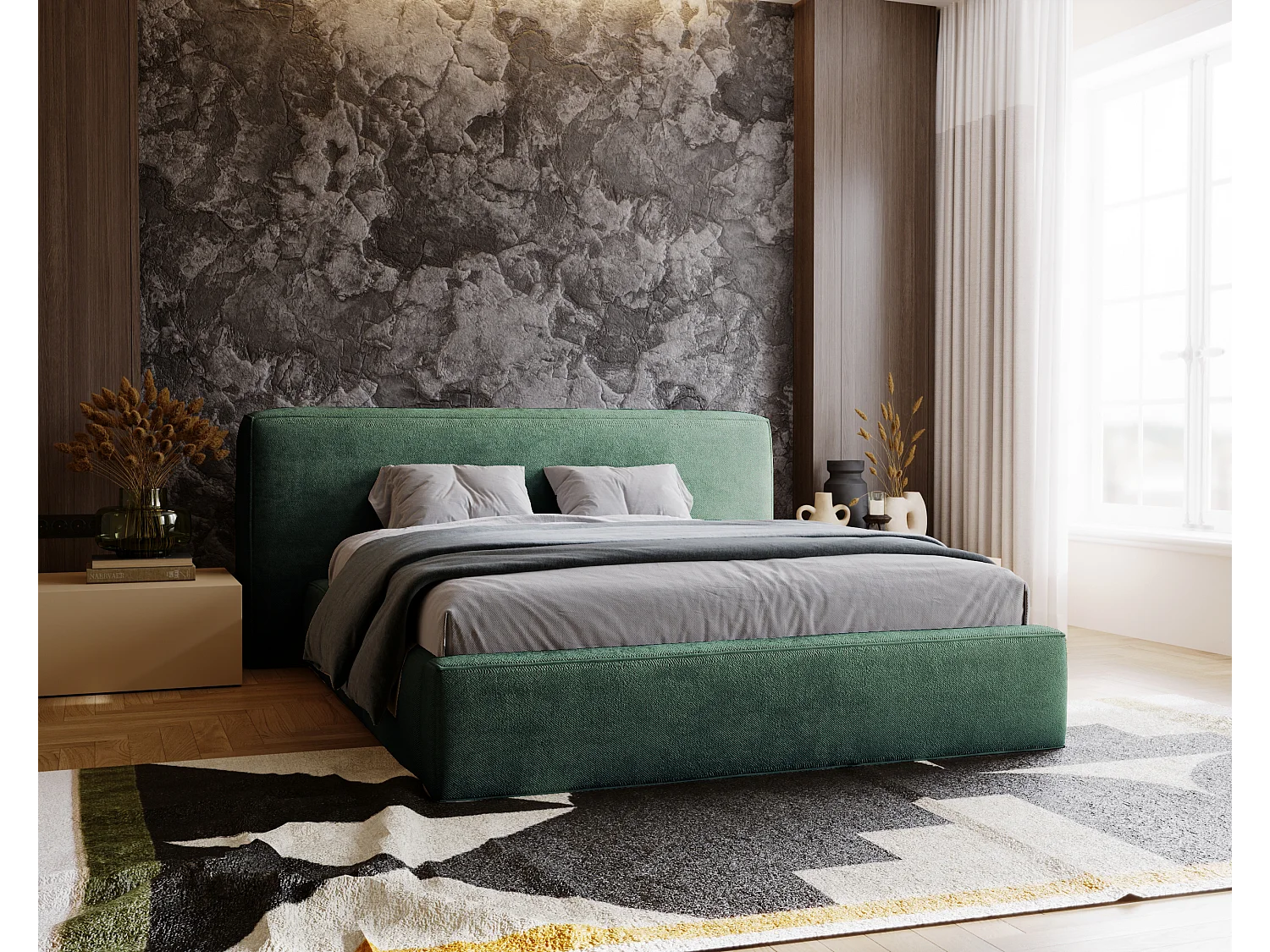 Gestoffeerd bed Monza 160x200 groen - opbergruimte voor beddengoed, houten lattenbodem, doorgestikt hoofdbord en bedframe