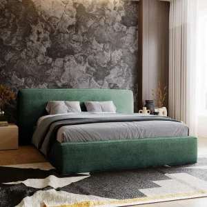 Gestoffeerd bed Monza 180×200 groen – opbergruimte voor beddengoed, houten lattenbodem, doorgestikt hoofdbord en bedframe