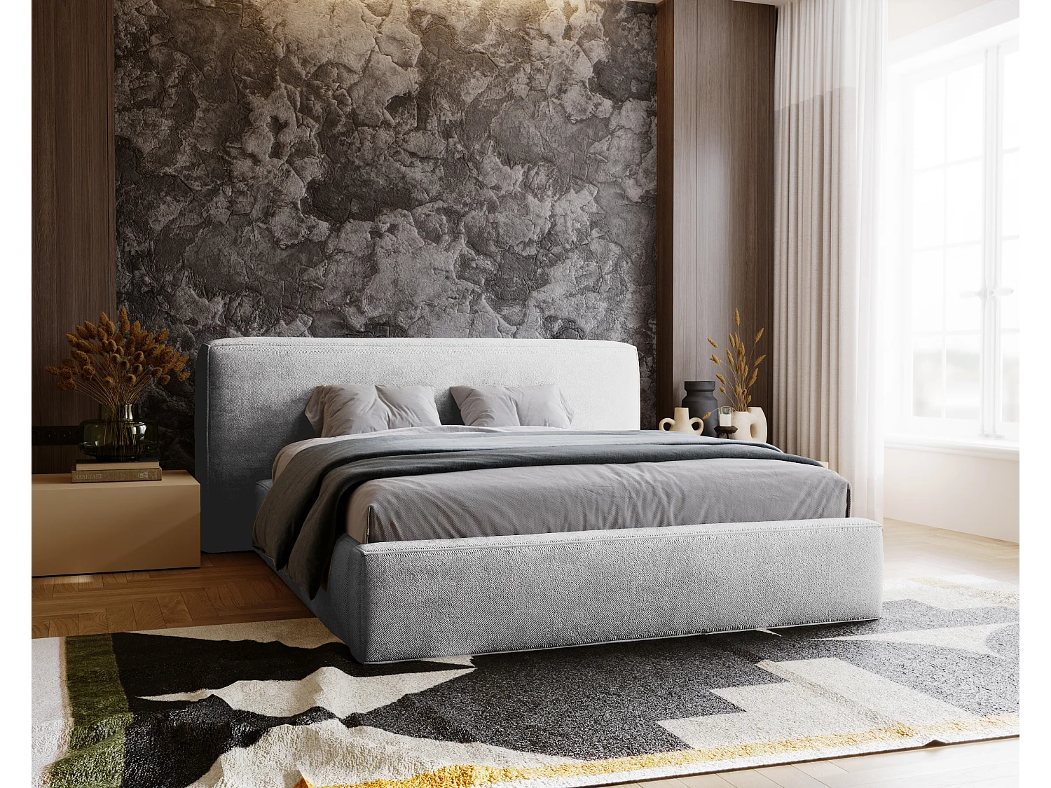 Gestoffeerd bed Monza 180x200 lichtgrijs - opbergruimte voor beddengoed, houten lattenbodem, doorgestikt hoofdbord en bedframe