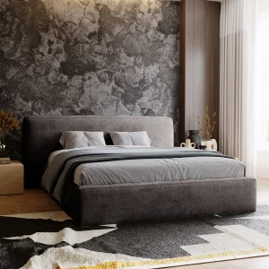Gestoffeerd bed Monza 180×200 grijs – opbergruimte voor beddengoed, houten lattenbodem, doorgestikt hoofdbord en bedframe