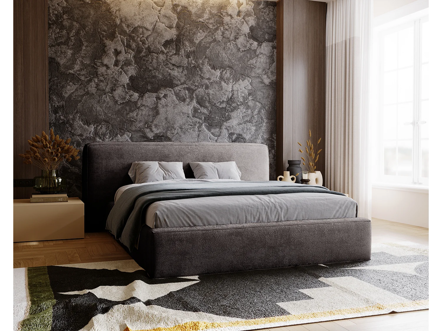 Gestoffeerd bed Monza 180x200 grijs - opbergruimte voor beddengoed, houten lattenbodem, doorgestikt hoofdbord en bedframe