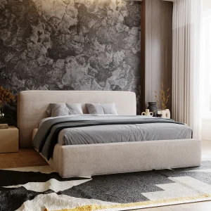 Gestoffeerd bed Monza 160×200 beige – opbergruimte voor beddengoed, houten lattenbodem, doorgestikt hoofdbord en bedframe Gestoffeerd bed Monza 160×200 beige – opbergruimte voor beddengoed, houten lattenbodem, doorgestikt hoofdbord en bedframe