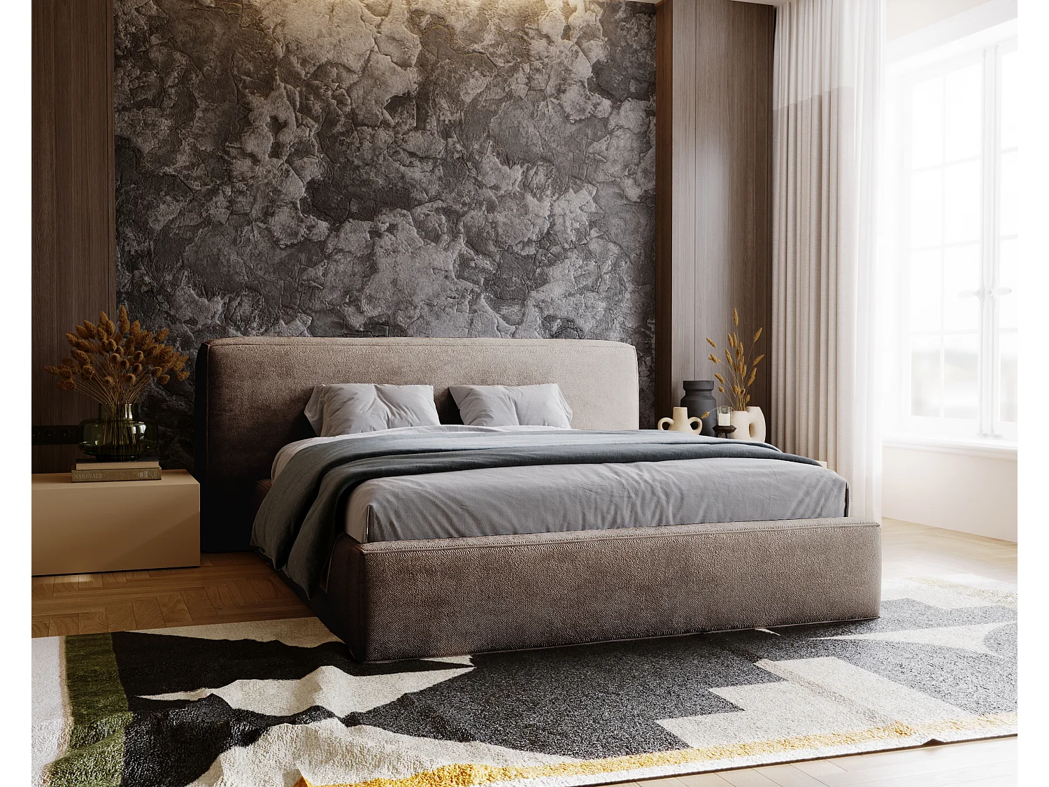 Gestoffeerd bed Monza 160x200 bruin - opbergruimte voor beddengoed, houten lattenbodem, doorgestikt hoofdbord en bedframe