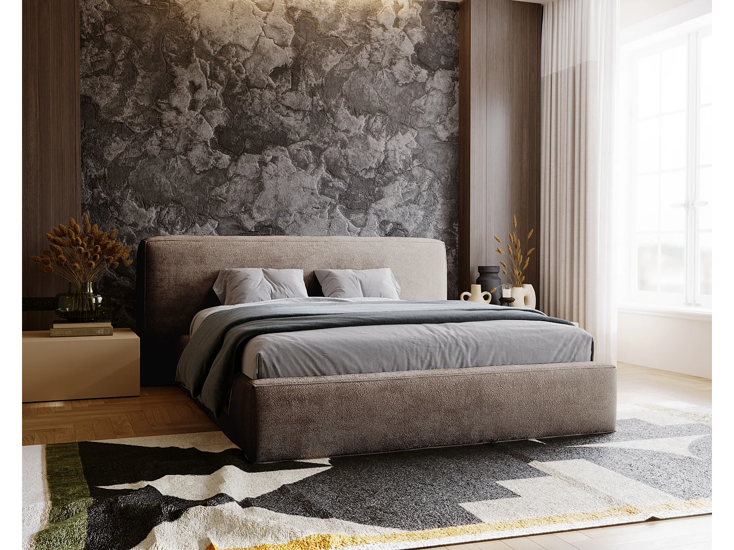 Gestoffeerd bed Monza 180x200 bruin - opbergruimte voor beddengoed, houten lattenbodem, doorgestikt hoofdbord en bedframe