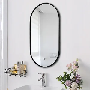 Grote ovale spiegel, industrieel, voor badkamer, woonkamer en slaapkamer, zwart 75×40 cm