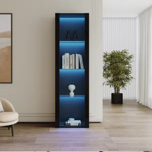 Glanzende vitrinekast met LED's – 55 x 38 x 166 cm – 3 glazen planken – hoge opbergkasten – spaanplaat – zwart